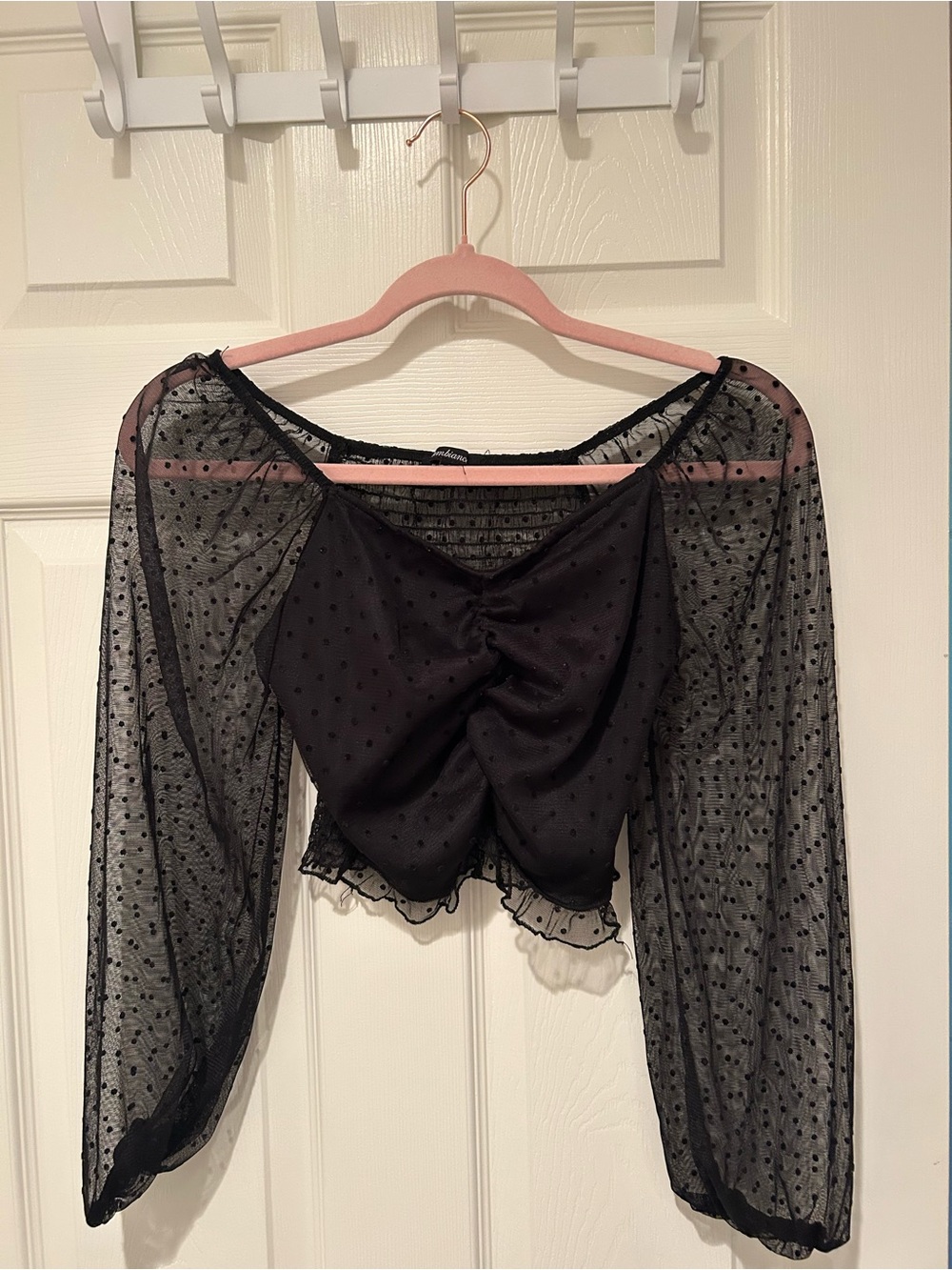Ambiance Black Sheer Polka Dot Ruched Crop Top
